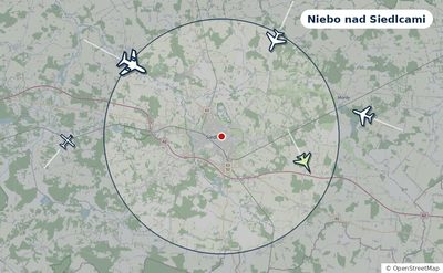 Mapa okolic miasta z sylwetkami samolotów — Niebo nad Siedlcami